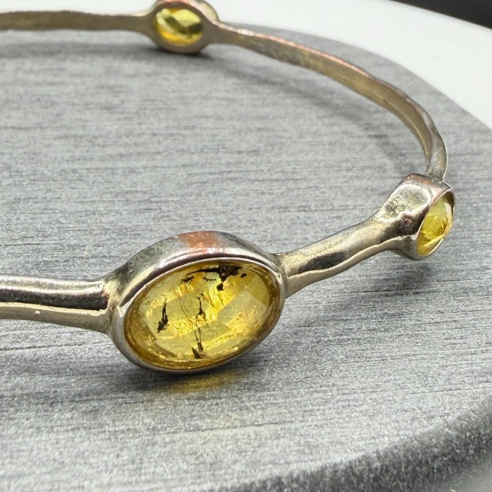 Yellow Crystal Silver Tone Bangle Bracelet Bezel Set Boho Statement Jewelry
